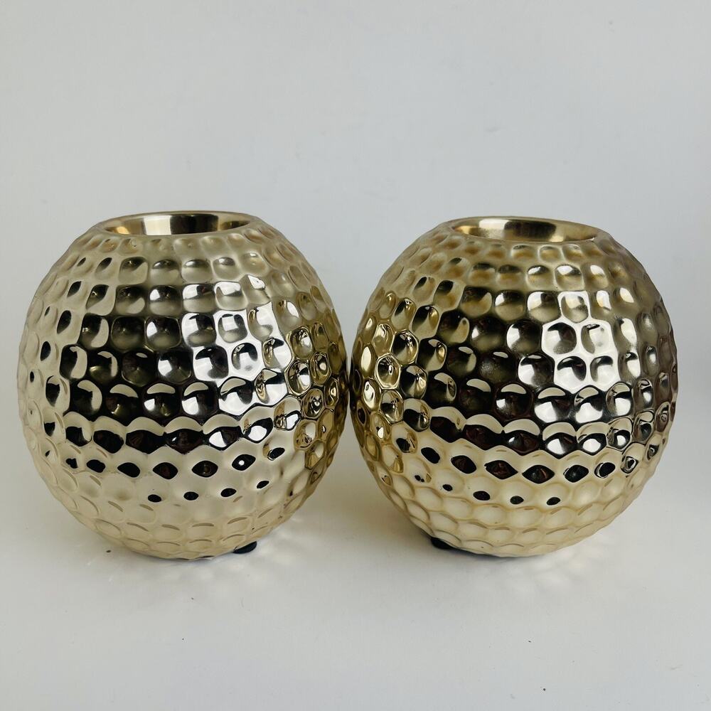 2 Gold Ball Textured Tealight Candle Holders Elegant Home Decor